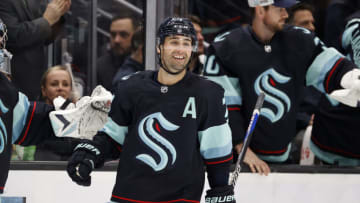 SEATTLE, WASHINGTON - DECEMBER 18: Jordan Eberle #7 of the Seattle Kraken reacts after a goal against the Winnipeg Jets during the third period at Climate Pledge Arena on December 18, 2022 in Seattle, Washington. (Photo by Steph Chambers/Getty Images)