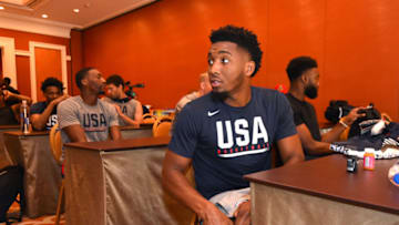 LAS VEGAS, NV - AUGUST 8: Donovan Mitchell looks on during the 2019 USA Basketball Men's National Team Training Camp at Mendenhall Center on the University of Nevada, Las Vegas Campus in Las Vegas Nevada. Copyright 2019 NBAE (Andrew D. Bernstein/NBAE via Getty Images)