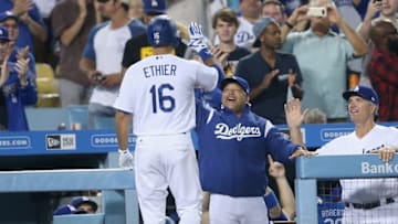 LOS ANGELES, CA - SEPTEMBER 09: Manager Dave Roberts of the Los Angeles Dodgers greets Andre Ethier (Photo by Stephen Dunn/Getty Images)