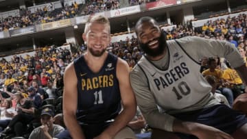 INDIANAPOLIS - SEPTEMBER 30: Domantas Sabonis #11 and Kyle O'Quinn #10 of the Indiana Pacers pose for a photo during fan jam at Bankers Life Fieldhouse on September 30, 2018 in Indianapolis, Indiana. NOTE TO USER: User expressly acknowledges and agrees that, by downloading and or using this Photograph, user is consenting to the terms and condition of the Getty Images License Agreement. Mandatory Copyright Notice: 2018 NBAE (Photo by Ron Hoskins/NBAE via Getty Images)