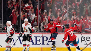 WASHINGTON, DC - JANUARY 07: Alex Ovechkin #8 of the Washington Capitals celebrates with Nicklas Backstrom #19 after scoring a goal in the second period against the Ottawa Senators at Capital One Arena on January 7, 2020 in Washington, DC. (Photo by Patrick McDermott/NHLI via Getty Images)