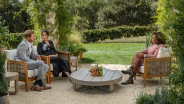 UNSPECIFIED - UNSPECIFIED: In this handout image provided by Harpo Productions and released on March 5, 2021, Oprah Winfrey interviews Prince Harry and Meghan Markle on A CBS Primetime Special premiering on CBS on March 7, 2021. (Photo by Harpo Productions/Joe Pugliese via Getty Images)