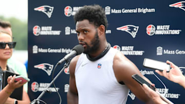 Jul 27, 2023; Foxborough, MA, USA; New England Patriots wide receiver JuJu Smith-Schuster (7) holds a press conference during training camp at Gillette Stadium. Mandatory Credit: Eric Canha-USA TODAY Sports