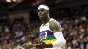 HOUSTON, TEXAS - FEBRUARY 02: Jrue Holiday #11 of the New Orleans Pelicans reacts in the first half against the Houston Rockets at Toyota Center on February 02, 2020 in Houston, Texas. NOTE TO USER: User expressly acknowledges and agrees that, by downloading and or using this photograph, User is consenting to the terms and conditions of the Getty Images License Agreement. (Photo by Tim Warner/Getty Images)