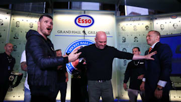 TORONTO, ON - OCTOBER 13: Michael Bisping and Georges St-Pierre face off following the UFC 217 press conference with Dana White at the Hockey Hall of Fame on October 13, 2017 in Toronto, Canada. (Photo by Vaughn Ridley/Zuffa LLC/Zuffa LLC via Getty Images)