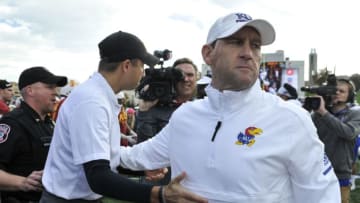 LAWRENCE, KS - NOVEMBER 3: Head coach Matt Campbell of the Iowa State Cyclones and head coach David Beaty of the Kansas Jayhawks meet after their game at Memorial Stadium on November 3, 2018 in Lawrence, Kansas. Iowa State won 27-3. (Photo by Ed Zurga/Getty Images)