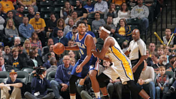 INDIANAPOLIS, IN - NOVEMBER 9: Jahlil Okafor #8 of the Philadelphia 76ers handles the ball during the game against the Indiana Pacers on November 9, 2016 at Bankers Life Fieldhouse in Indianapolis, Indiana. NOTE TO USER: User expressly acknowledges and agrees that, by downloading and or using this Photograph, user is consenting to the terms and conditions of the Getty Images License Agreement. Mandatory Copyright Notice: Copyright 2016 NBAE (Photo by Ron Hoskins/NBAE via Getty Images)