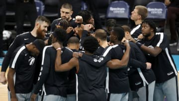 CHARLOTTE, NORTH CAROLINA - DECEMBER 12: The Toronto Raptors huddle (Photo by Jared C. Tilton/Getty Images)