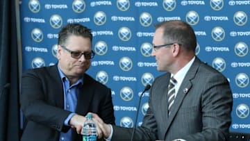 May 28, 2015; Buffalo, NY, USA; Buffalo Sabres general manager Tim Murray shakes hands with head coach Dan Bylsma after introducing him as the Sabres new head coach at the First Niagara Center. Mandatory Credit: Kevin Hoffman-USA TODAY Sports