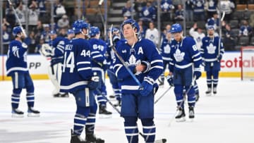 May 12, 2023; Toronto, Ontario, CAN; Toronto Maple Leafs forward Mitch Marner (16) and team mates react after losing in overtime to the Florida Panthers and being eliminated in the second round of the 2023 Stanley Cup Playoffs at Scotiabank Arena. Mandatory Credit: Dan Hamilton-USA TODAY Sports