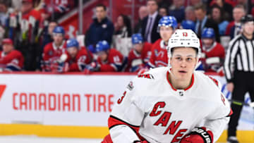 MONTREAL, CANADA - APRIL 01: Jesse Puljujarvi #13 of the Carolina Hurricanes skates during the third period against the Montreal Canadiens at Centre Bell on April 1, 2023 in Montreal, Quebec, Canada. The Carolina Hurricanes defeated the Montreal Canadiens 3-0. (Photo by Minas Panagiotakis/Getty Images)