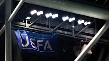 DUBLIN, IRELAND - MARCH 26: General view of UEFA flag during the 2020 UEFA European Championships group D qualifying match between Republic of Ireland and Georgia at Aviva Stadium on March 26, 2019 in Dublin, Ireland. (Photo by Catherine Ivill/Getty Images)