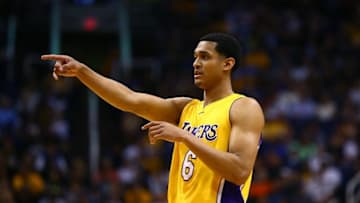 Mar 23, 2016; Phoenix, AZ, USA; Los Angeles Lakers guard Jordan Clarkson (6) reacts against the Phoenix Suns at Talking Stick Resort Arena. The Suns defeated the Lakers 119-107. Mandatory Credit: Mark J. Rebilas-USA TODAY Sports