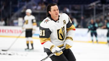 Mar 30, 2022; Seattle, Washington, USA; Vegas Golden Knights center Jonathan Marchessault (81) participates in pregame warmups against the Seattle Kraken at Climate Pledge Arena. Mandatory Credit: Joe Nicholson-USA TODAY Sports