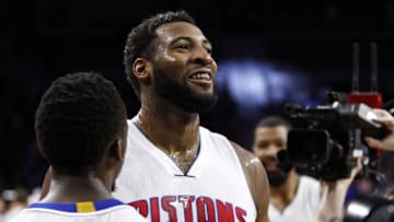 Mar 21, 2016; Auburn Hills, MI, USA; Detroit Pistons center Andre Drummond (0) smiles after the game against the Milwaukee Bucks at The Palace of Auburn Hills. Pistons win 92-91. Mandatory Credit: Raj Mehta-USA TODAY Sports