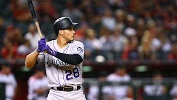 Apr 4, 2016; Phoenix, AZ, USA; Colorado Rockies third baseman Nolan Arenado against the Arizona Diamondbacks during Opening Day at Chase Field. Mandatory Credit: Mark J. Rebilas-USA TODAY Sports