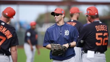 Feb 21, 2016; Lakeland, FL, USA; Detroit Tigers manager Brad Ausmus (7) talks with starting pitcher Jordan Zimmermann (27) and pitching coach Rich Dubee (52) at Joker Marchant Stadium. Mandatory Credit: Kim Klement-USA TODAY Sports