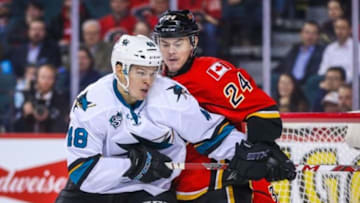 Dec 8, 2015; Calgary, Alberta, CAN; San Jose Sharks center Tomas Hertl (48) and Calgary Flames left wing Jiri Hudler (24) fight for position during the second period at Scotiabank Saddledome. Calgary Flames won 4-2. Mandatory Credit: Sergei Belski-USA TODAY Sports