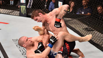 CALGARY, AB - JULY 28: (R-L) Jordan Mein of Canada punches Alex Morono in their welterweight bout during the UFC Fight Night event at Scotiabank Saddledome on July 28, 2018 in Calgary, Alberta, Canada. (Photo by Jeff Bottari/Zuffa LLC/Zuffa LLC via Getty Images)