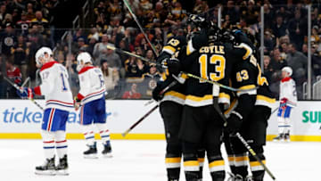 BOSTON, MA - DECEMBER 01: The Bruins celebrate the goal from Boston Bruins left wing Jake DeBrusk (74) during a game between the Boston Bruins and the Montreal Canadiens on December 1, 2019, at TD Garden in Boston, Massachusetts. (Photo by Fred Kfoury III/Icon Sportswire via Getty Images)