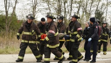 CHICAGO FIRE -- "The Beginning is the End is the Beginning" Episode 709 -- Pictured: (l-r) Christian Stolte as Randall "Mouch" McHolland, Joe Minoso as Joe Cruz, Randy Flagler as Capp, Miranda Rae Mayo as Stella Kidd, Taylor Kinney as Kelly Severide, Kara Killmer as Sylvie Brett, David Eigenberg as Christopher Herrmann -- (Photo by: Elizabeth Morris/NBC)