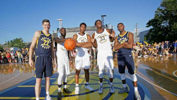 INDIANAPOLIS, IN - JULY 28: TJ Leaf #22, Lance Stephenson #1, Ike Anigbogu #15, Glenn Robinson III #40 and Myles Turner #33 of theIndiana Pacers participate in an outdoor fanfest on July 28, 2017 in Indianapolis, Indiana. NOTE TO USER: User expressly acknowledges and agrees that, by downloading and or using this Photograph, user is consenting to the terms and condition of the Getty Images License Agreement. Mandatory Copyright Notice: 2017 NBAE (Photo by Ron Hoskins/NBAE via Getty Images)