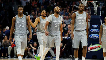 Jimmy Butler, Karl-Anthony Towns, and Andrew Wiggins are one of the top Big Threes in Minnesota Timberwolves history. (Photo by Hannah Foslien/Getty Images)
