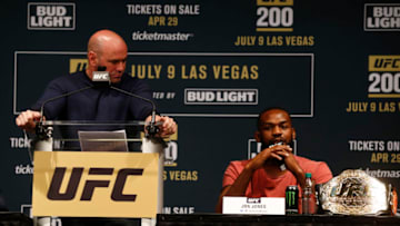 NEW YORK, NY - APRIL 27: Jon Jones speaks at a press conference with UFC president Dana White at a media availability for UFC 200 at Madison Square Garden on April 27, 2016 in New York City. (Photo by Jeff Zelevansky/Getty Images)