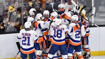 May 31, 2021; Boston, Massachusetts, USA; The New York Islanders celebrate after defeating the Boston Bruins in overtime in game two of the second round of the 2021 Stanley Cup Playoffs at TD Garden. Mandatory Credit: Bob DeChiara-USA TODAY Sports