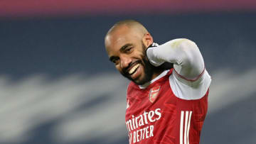 WEST BROMWICH, ENGLAND - JANUARY 02: Alexandre Lacazette of Arsenal celebrates after scoring their team's fourth goal during the Premier League match between West Bromwich Albion and Arsenal at The Hawthorns on January 02, 2021 in West Bromwich, England. The match will be played without fans, behind closed doors as a Covid-19 precaution. (Photo by Michael Regan/Getty Images)