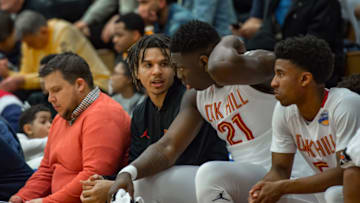 SPRINGFIELD, MA - JANUARY 20: IMG Academy Ascenders guard Cole Anthony (3) talks with teammate Kofi Cockburn (21) during the first half of the high school basketball game between the Oak Hill Academy Warriors and IMG Academy Ascenders on January 20, 2019 at Blake Arena in Springfield, MA (Photo by John Jones/Icon Sportswire via Getty Images)
