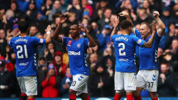 GLASGOW, SCOTLAND - OCTOBER 07: Scott Arfield of Rangers (37) celebrates after scoring his team's third goal wth James Tavernier of Rangers (2) and team mates during the Scottish Ladbrokes Premiership match between Rangers and Hearts at Ibrox Stadium on October 7, 2018 in Glasgow, Scotland. (Photo by Ian MacNicol/Getty Images)