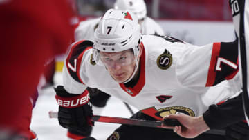Ottawa Senators forward Brady Tkachuk (7) prepares for a face off against the Montreal Canadiens during the third period at the Bell Centre. Mandatory Credit: Eric Bolte-USA TODAY Sports