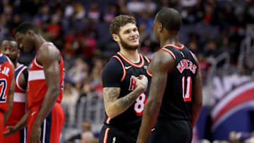 WASHINGTON, DC - NOVEMBER 17: Tyler Johnson #8 and Dion Waiters #11 of the Miami Heat talk on the floor against the Washington Wizards at Capital One Arena on November 17, 2017 in Washington, DC. NOTE TO USER: User expressly acknowledges and agrees that, by downloading and or using this photograph, User is consenting to the terms and conditions of the Getty Images License Agreement. (Photo by Rob Carr/Getty Images)
