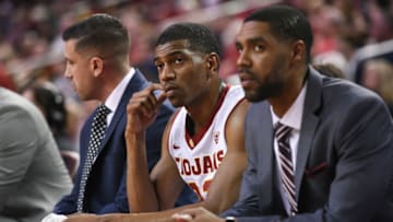 LOS ANGELES, CA - FEBRUARY 11: USC guard DeAnthony Melton (22) looks on from the bench during a college basketball game between the Oregon Ducks and the USC Trojans on February 11, 2017, at Galen Center in Los Angeles, CA. (Photo by Brian Rothmuller/Icon Sportswire via Getty Images)