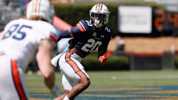 Auburn footballApr 9, 2022; Auburn, AL, USA; Auburn Tigers safety Cayden Bridges (20) drops back to cover during the Spring game at Jordan-Hare Stadium. Mandatory Credit: John Reed-USA TODAY Sports