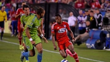 Nov 8, 2015; Dallas, TX, USA; FC Dallas forward Fabian Castillo (11) controls the ball against the Seattle Sounders FC during the first half in the MLS Playoffs at Toyota Stadium. Mandatory Credit: Jasen Vinlove-USA TODAY Sports
