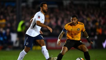 NEWPORT, WALES - JANUARY 27: Mousa Dembele of Tottenham Hotspur passes the ball under pressure from Joss Labadie of Newport County during The Emirates FA Cup Fourth Round match between Newport County and Tottenham Hotspur at Rodney Parade on January 27, 2018 in Newport, Wales. (Photo by Dan Mullan/Getty Images)