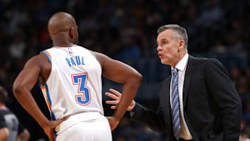 OKC Thunder Power Ranking Week 11: Chris Paul #3 shares a conversation with Head Coach, Billy Donovan (Photo by Zach Beeker/NBAE via Getty Images)