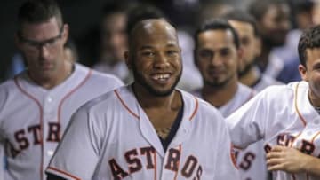 Jun 3, 2014; Houston, TX, USA; Houston Astros first baseman Jon Singleton (28) smiles in the dugout after hitting a home run during the eighth inning against the Los Angeles Angels at Minute Maid Park. Mandatory Credit: Troy Taormina-USA TODAY Sports