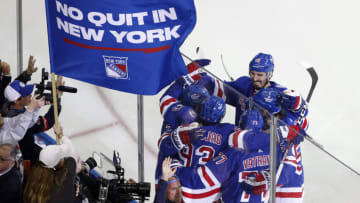 NEW YORK, NEW YORK - JUNE 03: Mika Zibanejad #93 of the New York Rangers celebrates with teammates after scoring a third period goal against the Tampa Bay Lightning in Game Two of the Eastern Conference Final of the 2022 Stanley Cup Playoffs at Madison Square Garden on June 03, 2022 in New York City. (Photo by Sarah Stier/Getty Images)