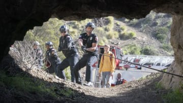9-1-1: LONE STAR: L-R: Julian Works, Brian Michael Smith, Jim Parrack, Rob Lowe and guest star Will Spencer in "Awakening/Austin, We Have A Problem" two-hour season finale of 9-1-1: LONE STAR airing Monday, March 9 (8:00-10:00 PM ET/PT) on FOX. ©2020 Fox Media LLC. CR: Jack Zeman/FOX.