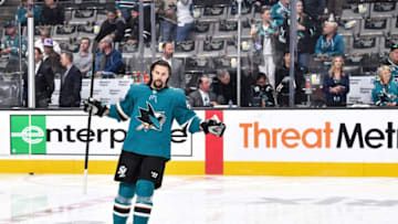 SAN JOSE, CA - MAY 08: Erik Karlsson #65 of the San Jose Sharks skates during warmups against the Colorado Avalanche in Game Seven of the Western Conference Second Round during the 2019 NHL Stanley Cup Playoffs at SAP Center on May 8, 2019 in San Jose, California (Photo by Brandon Magnus/NHLI via Getty Images)