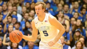 Feb 25, 2016; Durham, NC, USA; Duke Blue Devils guard Luke Kennard (5) dribbles up court during the second half against the Florida State Seminoles at Cameron Indoor Stadium. Duke won 80-65. Mandatory Credit: Rob Kinnan-USA TODAY Sports