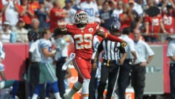 Sep 15, 2013; Kansas City, MO, USA; Kansas City Chiefs strong safety Eric Berry (29) celebrates after a play during the second half of the game against the Dallas Cowboys at Arrowhead Stadium. The Chiefs won 17-16. Mandatory Credit: Denny Medley-USA TODAY Sports