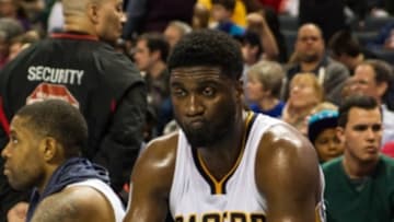Jan 17, 2015; Charlotte, NC, USA; Indiana Pacers center Roy Hibbert (55) sits on the bench during the second half against the Charlotte Hornets at Time Warner Cable Arena. Hornets defeated the Pacers 80-71. Mandatory Credit: Jeremy Brevard-USA TODAY Sports
