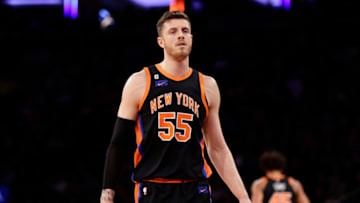 NEW YORK, NEW YORK - DECEMBER 23: Isaiah Hartenstein #55 of the New York Knicks in action against the Chicago Bulls during the first half at Madison Square Garden on December 23, 2022 in New York City. NOTE TO USER: User expressly acknowledges and agrees that, by downloading and or using this Photograph, user is consenting to the terms and conditions of the Getty Images License Agreement. (Photo by Adam Hunger/Getty Images)