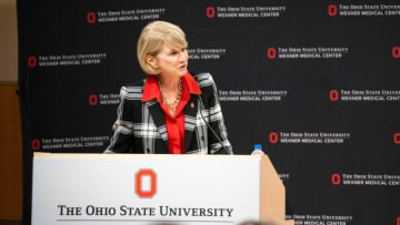 Aug 3, 2022; Columbus, OH, USA; The Ohio State University President, Kristina Johnson speaks at a press conference where head football coach Ryan Day and his wife, Nina, announce a $1 million donation to fund research and services that promote mental health at The Ohio State University Wexner Medical Center and College of Medicine. The Nina and Ryan Day Resilience Fund will be housed in the Department of Psychiatry and Behavioral Health.04 Day Donation