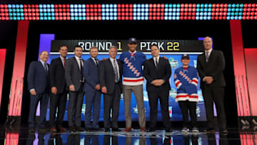 DALLAS, TX - JUNE 22: K'Andre Miller poses after being selected twenty-second overall by the New York Rangers during the first round of the 2018 NHL Draft at American Airlines Center on June 22, 2018 in Dallas, Texas. (Photo by Bruce Bennett/Getty Images)