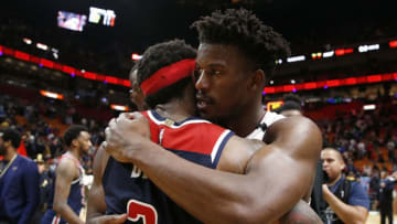 Jimmy Butler #22 of the Miami Heat hugs Bradley Beal #3 of the Washington Wizards after the game. (Photo by Michael Reaves/Getty Images)